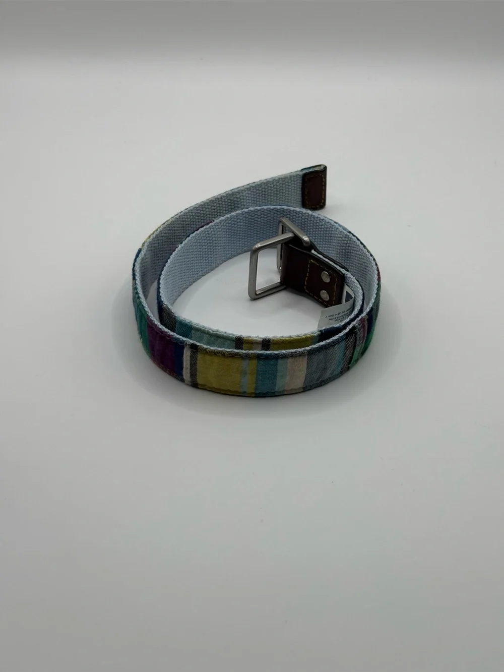 Gap Kids Plaid Canvas Belt Blue Green Yellow Leather Trim Adjustable Belt
